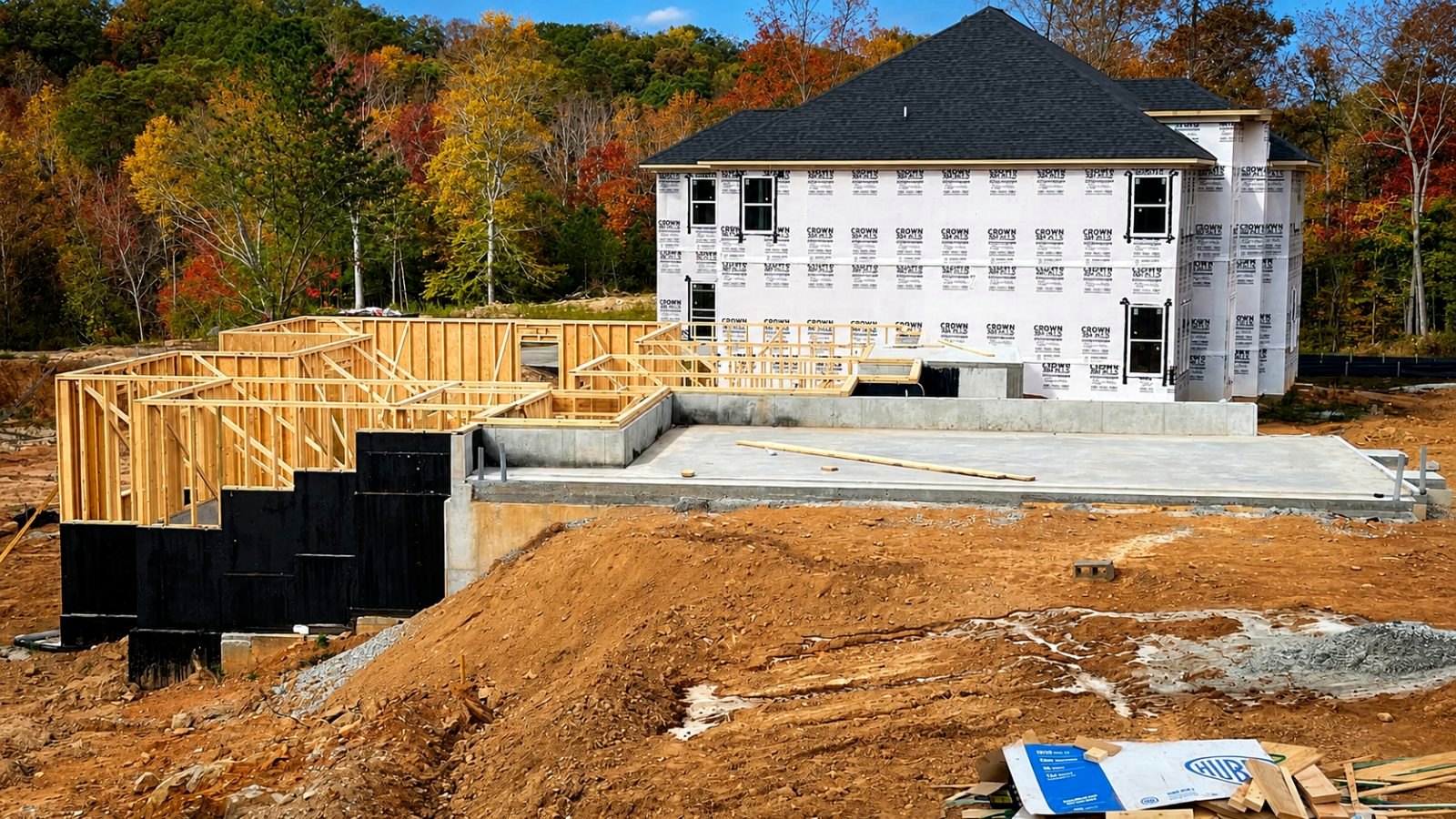 House under construction — foundation walls and stick framing