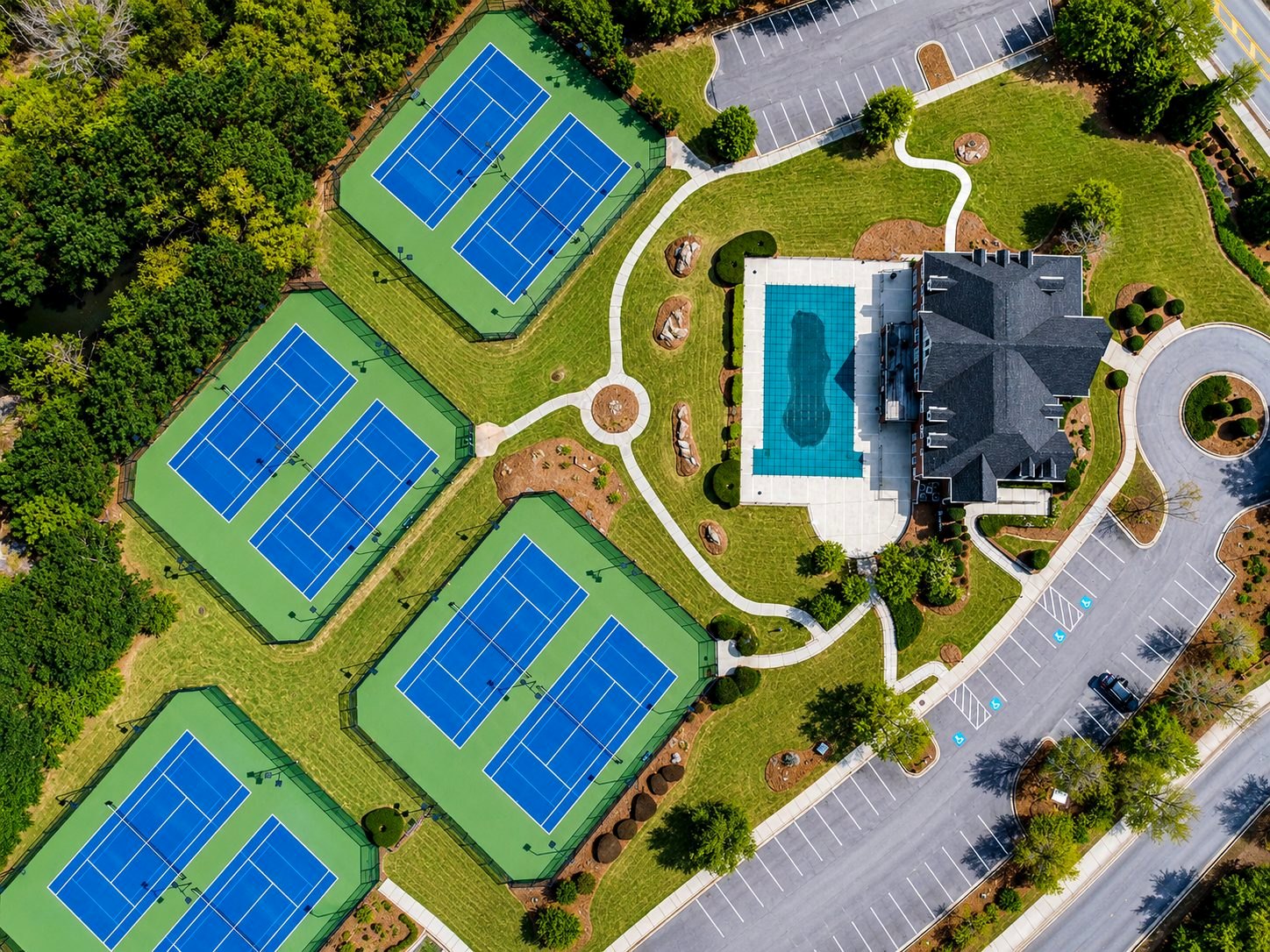 Aerial view of a completed community amenity area