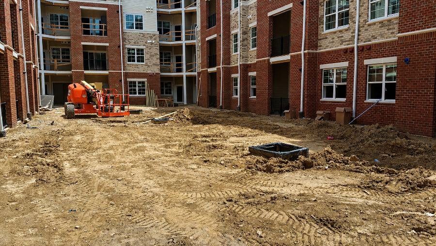 Multifamily building courtyard mid-construction