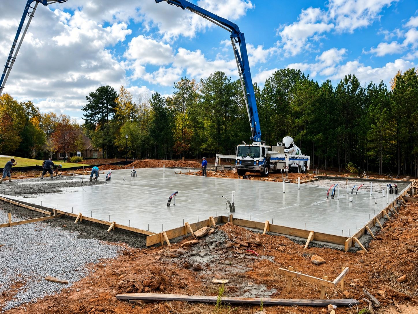 Concrete slab pour in progress on a residential foundation